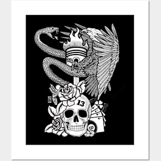 Eagle, Snake and Skull - Black and White Posters and Art